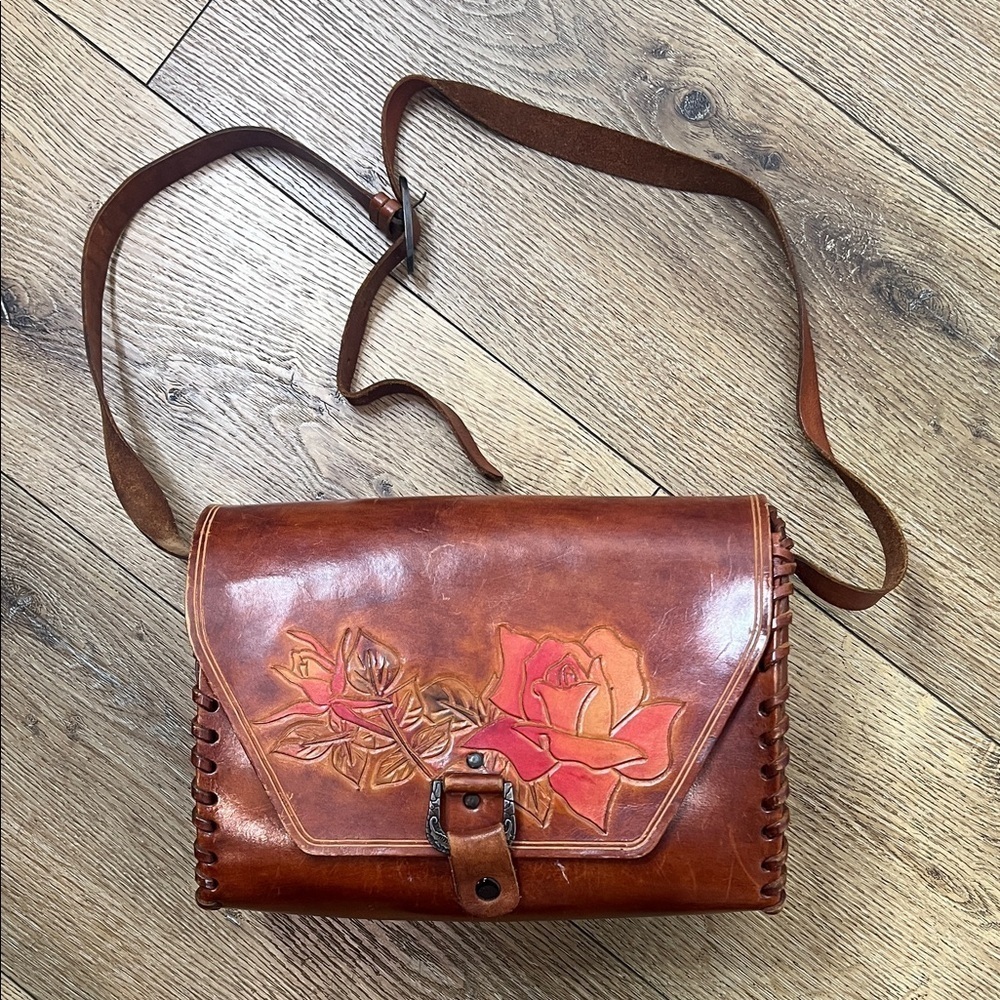 Vintage Cognac Tooled Leather Shoulder Bag